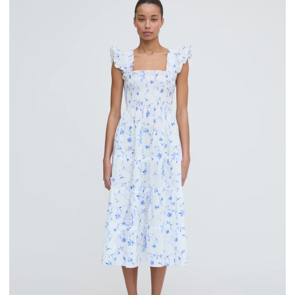 Hill House White Midi Dress with Blue Floral Print